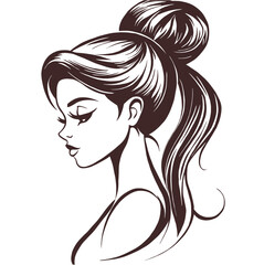 Vector illustration of young girl with a high ponytail hair, side view, simple lines