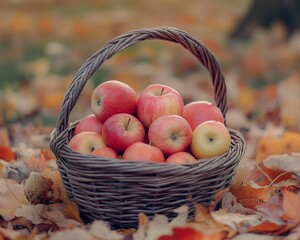 A basket full of apples is sitting on the ground