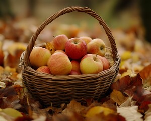 A basket full of apples on a pile of leaves
