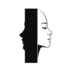 Logo design featuring a minimalist profile of a woman's face, the left half is solid black, while the right side is white, creating a flat vector graphic on a white background