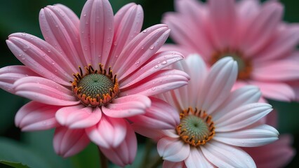 Obraz premium Close-up of a pair of flowers with water droplets on them, pink and white colors, ice sunflowers