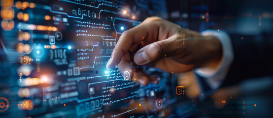 Male Caucasian Businessman in Suit Interacting with Virtual AI Machine Learning, Data Science and Big Data Analytics Interface