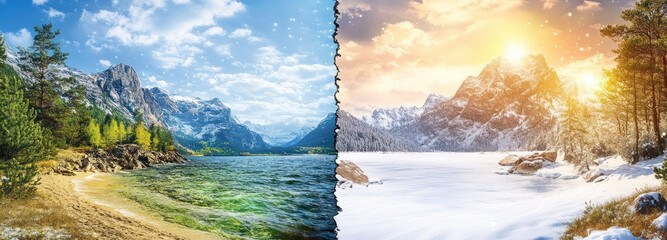 Mountain and lake divided by summer and winter climates.