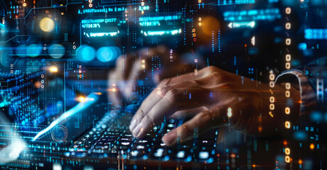 Programmer on Laptop Writing Code for Big Data Management, Digital Software Development: Virtual Interface, Data Mining, Computer Programming Concept