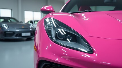 a close up view of a shiny pink car in a showroom with other vehicles in the background 