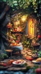 Fototapeta premium Rear view of enchanting fairy forest kitchen scene, vibrant colors, macro details, glistening food elements, magical ambiance