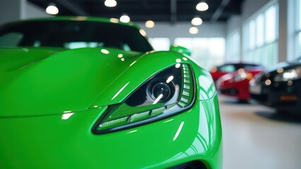 Fototapeta premium a close up view of a shiny green car in a showroom with other vehicles in the background