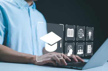 Online Education and E-Learning Concept. Person use laptop with icons representing online...
