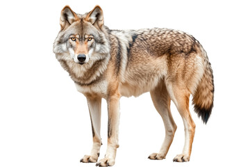 Obraz premium A full-body of a wolf standing alert, showing its detailed fur pattern and intense gaze, isolated on a transparent background, PNG