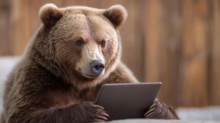 Bear using a tablet, playful interaction with technology