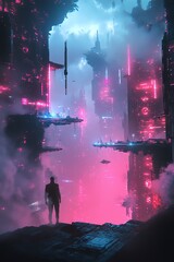 Tilted angle view of a floating city, eerie silhouettes under pulsating neon lights, surreal scientific discoveries mingling with ethereal clouds