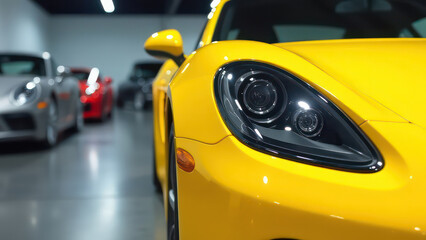 a close up view of a shiny yellow car in a showroom with other vehicles in the background