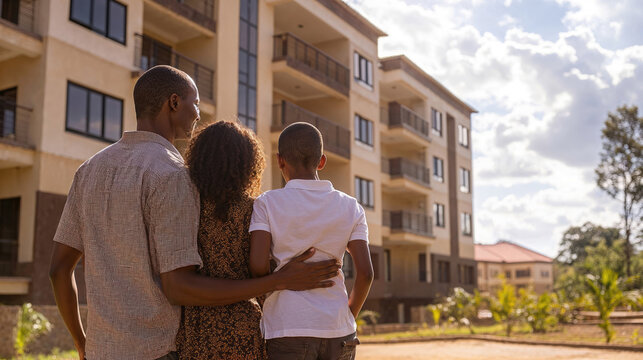 Happy african family looking at their new apartment building