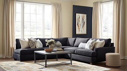 A modern living room with a large sectional sofa, a coffee table, a rug, and a window.