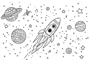 A minimalistic space scene featuring a rocket, planets, stars, and a couple of UFOs in black