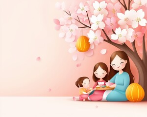 A woman sits with two children under a tree