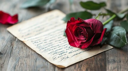 A single red rose lying on an old, handwritten love letter, symbolizing the timeless beauty of romantic expression.