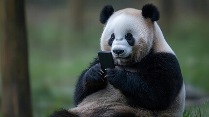 Obraz premium Panda using smartphone, playful animal behavior, wildlife