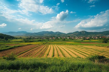 Fototapeta premium Rural landscape with fields and mountains