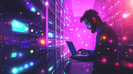 IT Specialist Working in a Data Center with Laptop and Vibrant Server Lights Highlighting Advanced Technology
