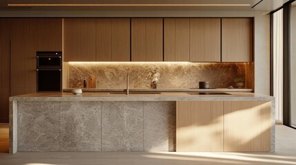 A modern kitchen featuring a sleek blend of light wood cabinetry and a stone-textured backsplash