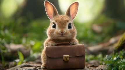 Fototapeta premium Rabbit with a briefcase in a forest setting