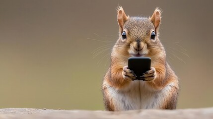 Obraz premium Squirrel holding smartphone, brown fur, white isolate background