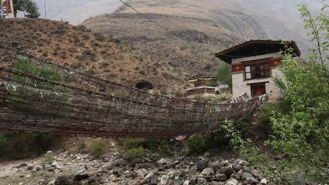 Tachog Lhakhang monastery with prayer flags, Wangchang Gewog, Paro, Bhutan