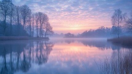 Fototapeta premium Misty Sunrise Over a Tranquil Lake with Silhouetted Trees
