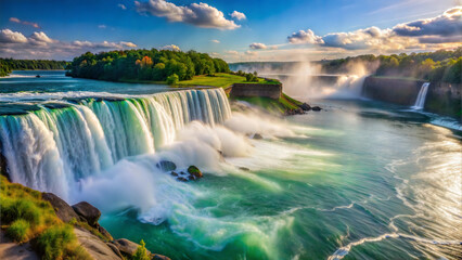 This image features a majestic waterfall with powerful cascades flowing into a vibrant blue-green river. Mist rises from the water, creating a mystical atmosphere. Lush greenery surrounds the waterfal