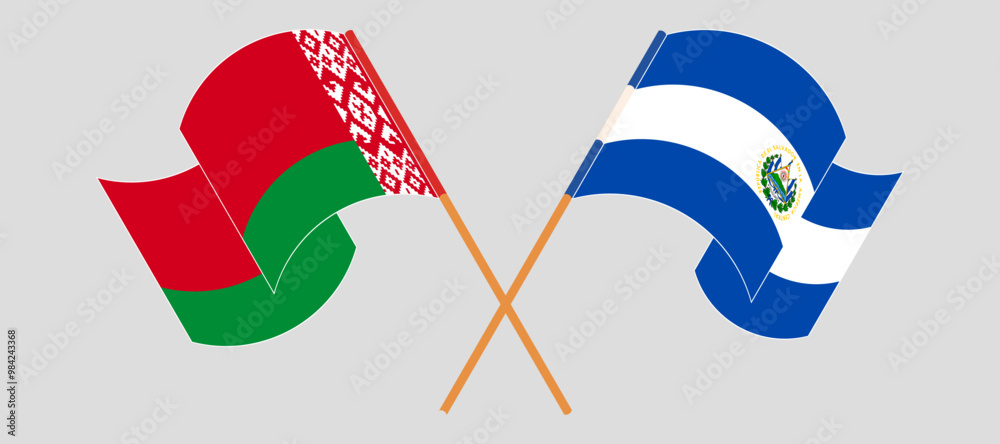 Sticker crossed and waving flags of belarus and republic of el salvador. vector illustration