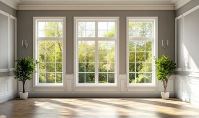 Classical room interior, wooden floors and gray walls, white moulding and window with nature view, bright natural light.