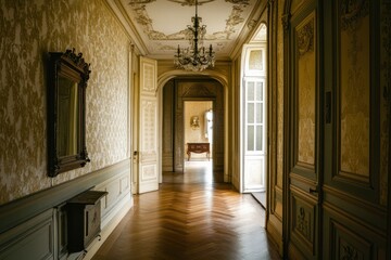 Corridor in a grand mansion, vintage wallpaper and ornate stucco, baroque interior with antique furnishings, soft natural light.