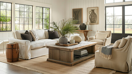 Modern farmhouse living room interior design featuring a linen sofa, reclaimed wood coffee table, and oversized armchairs with rustic decorations 