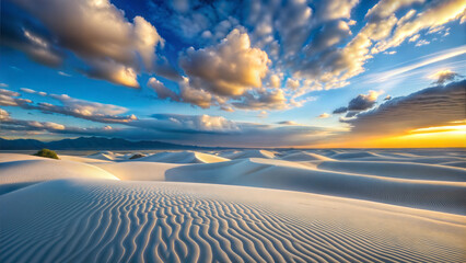 Pristine white sand dunes stretch across the landscape under a dramatic sky. Ripples pattern the sand, while golden sunlight illuminates billowing clouds, creating a surreal and tranquil desert scene.