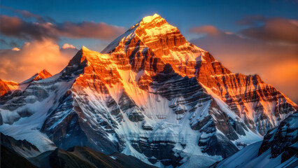 Mount Everest stands majestic against a fiery sunset sky, its snow-capped peak glowing golden. The world's highest mountain dominates the landscape, its rugged slopes and ridges etched in dramatic lig