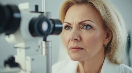 Fototapeta premium Professional woman receiving eye checkup at clinic