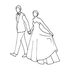 man and woman walking hand in hand together - hand drawn doodle. formally dressed heterosexual couple