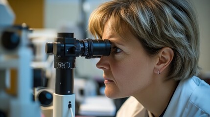Fototapeta premium Woman receiving eye checkup using optical instruments