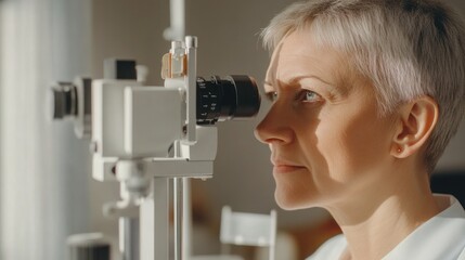Fototapeta premium Elderly patient undergoing an eye exam with ophthalmic device.