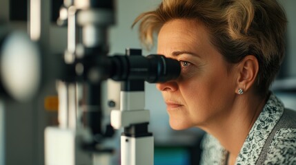 Fototapeta premium Woman undergoing eye examination in a clinic room.