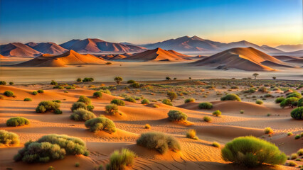 A vast desert landscape stretches to the horizon, featuring golden sand dunes and scattered vegetation. The warm light of dawn or dusk casts long shadows, highlighting the terrain's undulating contour