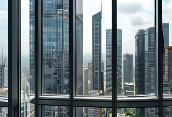 office, short view from the window of a modern office from the top floor of a skyscraper at night, during the day, a large modern metropolis financial center