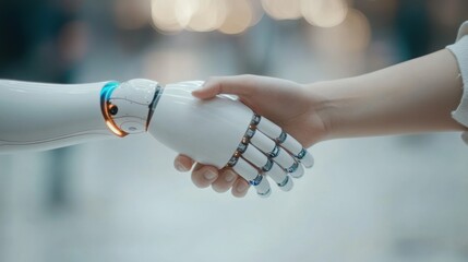 Elegant robot hand and human handshake in bright space
