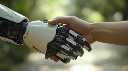 Outdoor handshake between robot and human close-up.