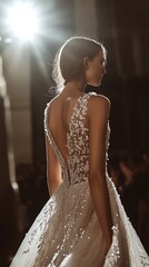 Fototapeta premium Close-up shot of a stunning minimalist couture gown, intricate details shining under soft runway lights, ethereal beauty captured in elegance