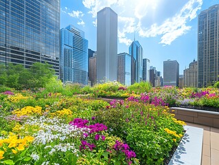 Close-up shot of a vibrant cityscape, urban gardens flourishing amidst steel and glass, bright blue sky above