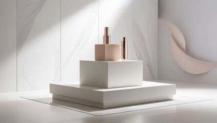 A sleek and modern cosmetic product display scene set against a pristine white marble stone background,generative ai