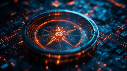 Glowing Compass Embedded in Futuristic Circuitry