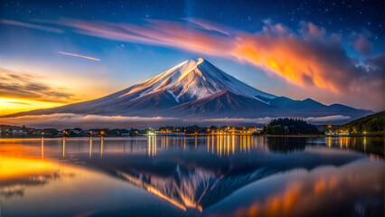 Mount Fuji stands majestic against a vibrant sunset sky, its snow-capped peak perfectly reflected in the calm waters of Lake Shoji. Distant lights twinkle along the shoreline, creating a serene atmosp